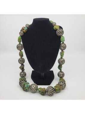 Genuine Southwest Turquoise Nugget Necklace 26" Artisan Silver Openwork Beads Bo